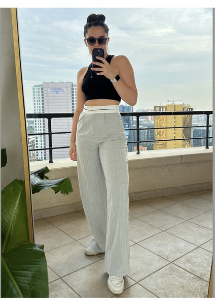 Tasarım Beli Şerit Kemerli Palazzo Pantolon Gri fiyatları