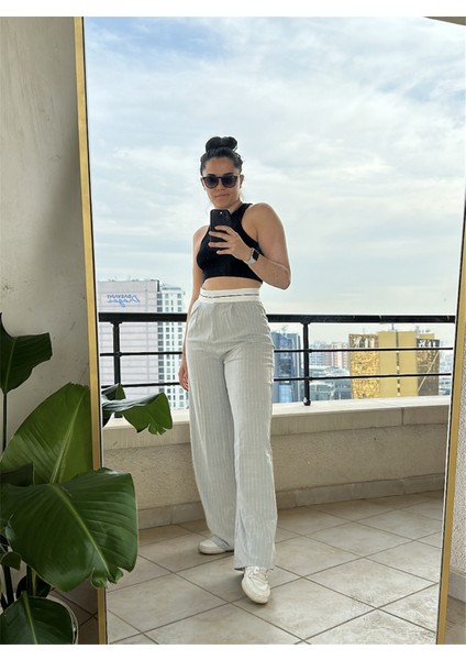 Tasarım Beli Şerit Kemerli Palazzo Pantolon Gri modelleri