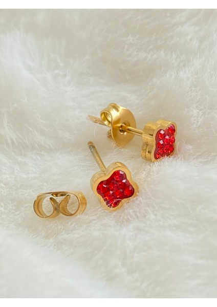 Dört Yapraklı Yonca Gold Kırmızı Taşlı Çelik Küpe 0.4 cm
