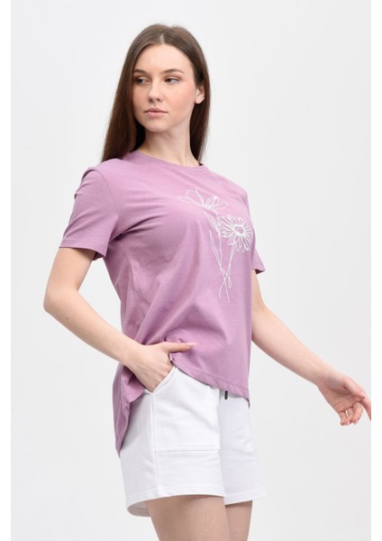 Kadın Baskılı Kısa Kollu Arka Oval Bisiklet Yaka Tişört Mor - Xs