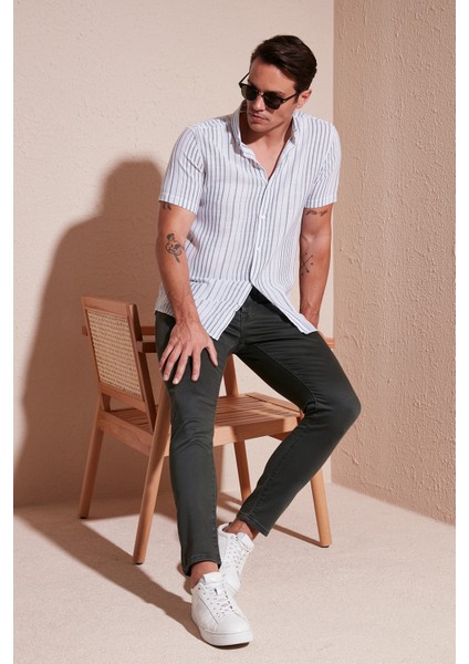Çizgili % 100 Pamuk Slim Fit Kısa Kollu Gömlek Erkek GÖMLEK CF23S116097 indirimleri