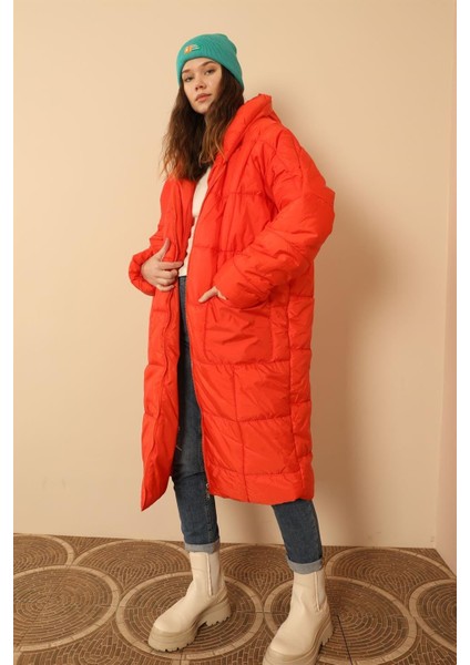 Kapitone Kumaş Uzun Kol Oversize/salaş Kadın Mont-Oranj