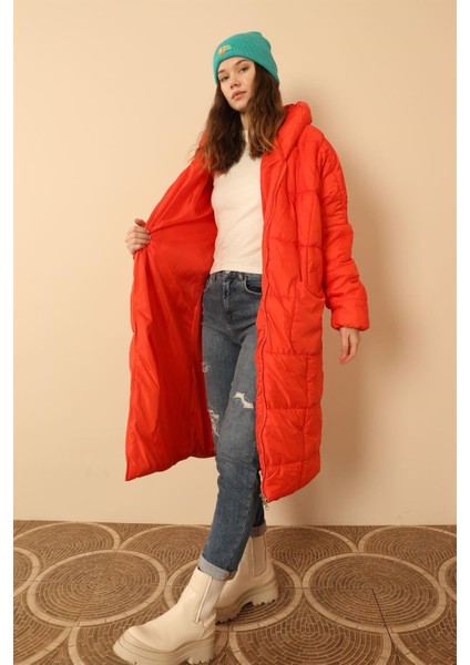 Kapitone Kumaş Uzun Kol Oversize/salaş Kadın Mont-Oranj modelleri