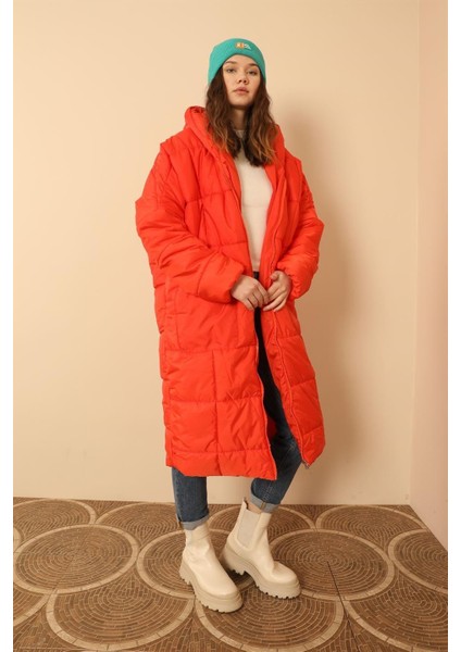 Kapitone Kumaş Uzun Kol Oversize/salaş Kadın Mont-Oranj fırsatları