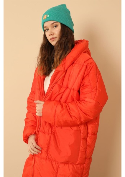 Kapitone Kumaş Uzun Kol Oversize/salaş Kadın Mont-Oranj indirimleri