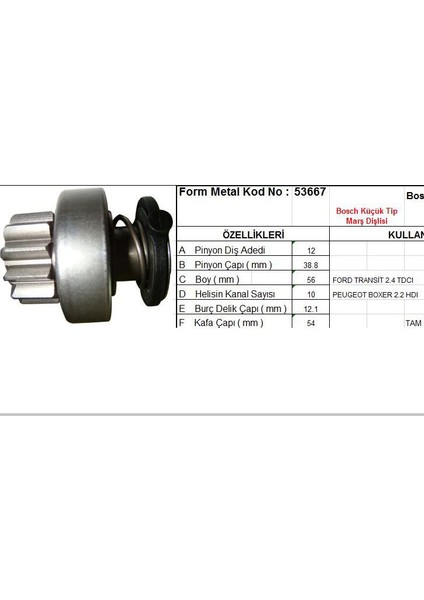 F.MOTOR FM53667-MARŞ Dişlisi 12 Diş 10 Kanal Bosch Tipi Ford Transıt 2.4 Tdcı Peugeot Boxer 2.2