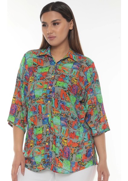 Özel Tasarım Desenli Viskon Büyük Beden Gömlek