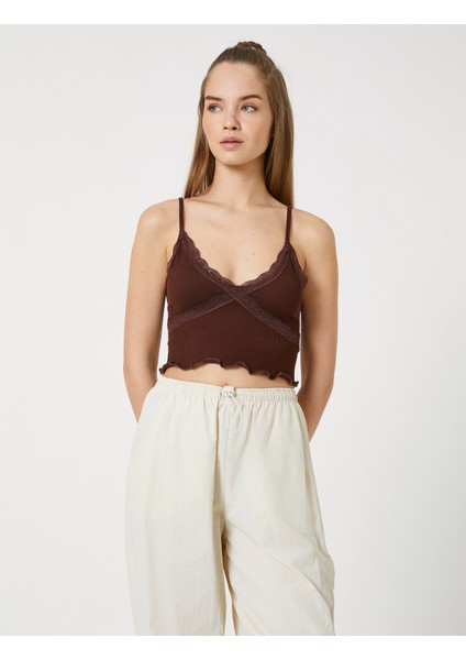 Crop Atlet Askılı V Yaka Dantelli Fitilli