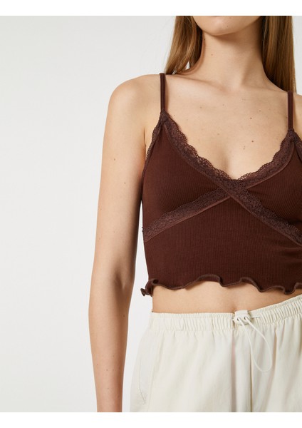 Crop Atlet Askılı V Yaka Dantelli Fitilli