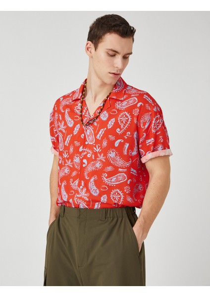 Yazlık Gömlek Kısa Kollu Devrik Yaka Etnik Baskı Detaylı