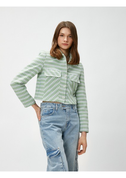 Crop Ceket Düğmeli Cepli Gömlek Yaka