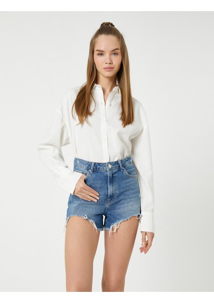 Oversize Gömlek Keten Karışımlı Crop Düğmeli Uzun Kollu