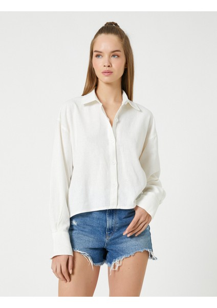 Oversize Gömlek Keten Karışımlı Crop Düğmeli Uzun Kollu modelleri