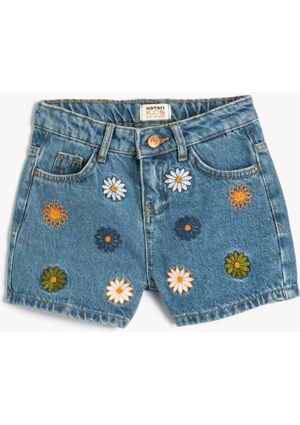 Kot Şort Papatya Işleme Detaylı Pamuklu Cepli