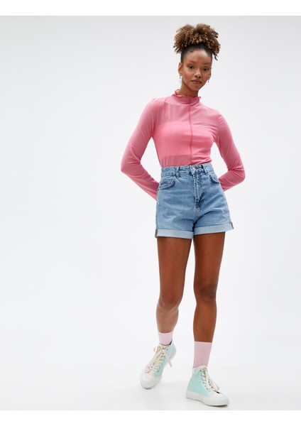 Mini Kot Şort Yırtık Katlama Detaylı Cepli