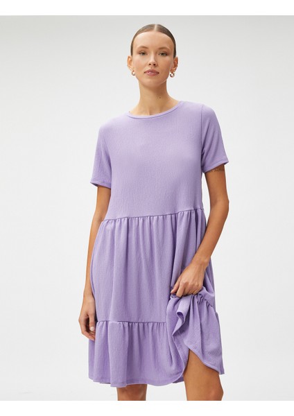 Kısa Elbise Katlı Kısa Kollu Bisiklet Yaka