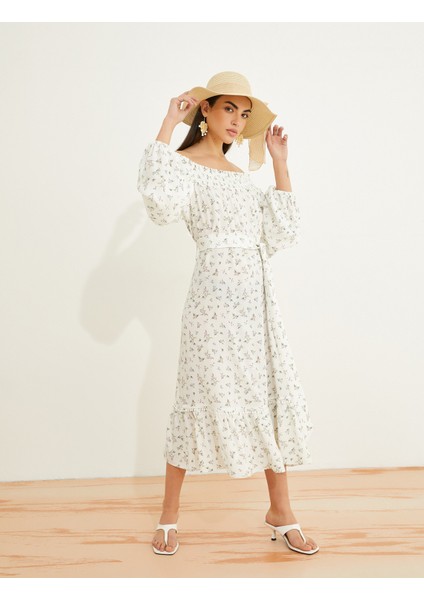 Çiçekli Midi Elbise Omzu Açık Kuşaklı