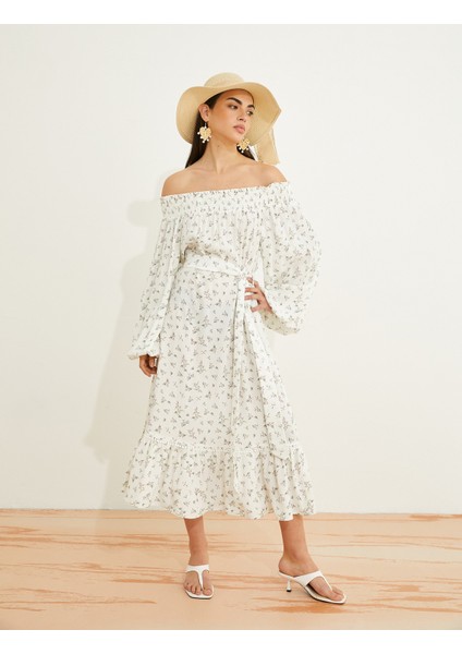 Çiçekli Midi Elbise Omzu Açık Kuşaklı fiyatları