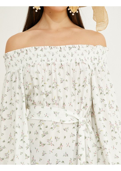 Çiçekli Midi Elbise Omzu Açık Kuşaklı indirimleri