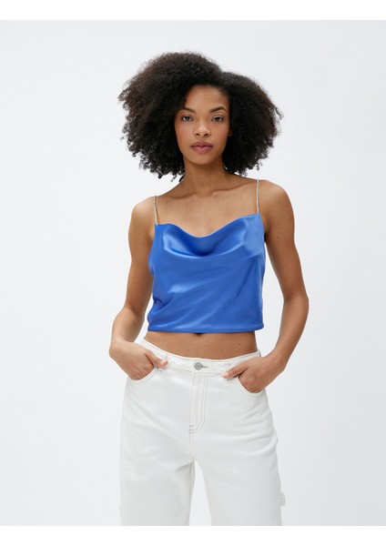 Saten Bluz Degaje Yaka İnce Taş Askılı