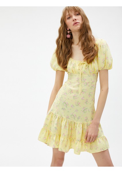 Çiçekli Mini Elbise Gipeli Balon Kol