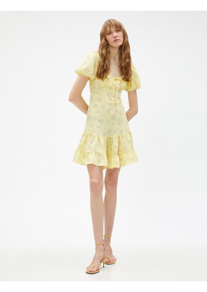 Çiçekli Mini Elbise Gipeli Balon Kol fiyatları