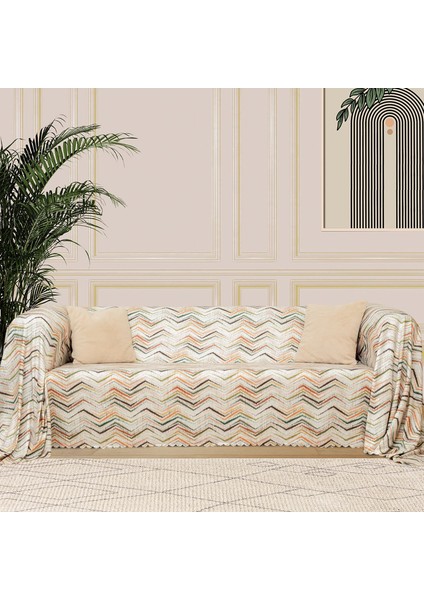 Softmicro Zikzak Desenli 180X220 cm Koltuk Örtüsü Şalı , Kanepe Örtüsü, Tv Battaniyesi Krem