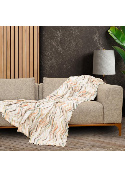 Softmicro Zikzak Desenli 180X220 cm Koltuk Örtüsü Şalı , Kanepe Örtüsü, Tv Battaniyesi Krem