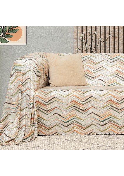 Softmicro Zikzak Desenli 180X220 cm Koltuk Örtüsü Şalı , Kanepe Örtüsü, Tv Battaniyesi Krem