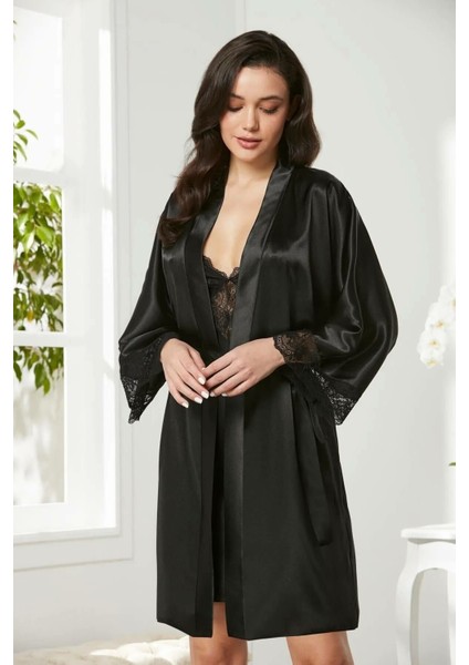 Saten Dantelli Gecelik Sabahlık Takım 4280 Siyah modelleri