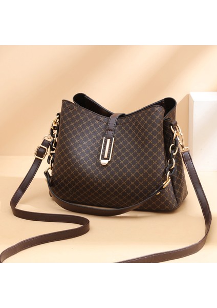 Kadın Çantası 2023 Yeni Kova Kadın Çantası Moda Baskı Omuz Askılı Çanta Basit Çanta Trendi Retro Sadelik (Yurt Dışından)