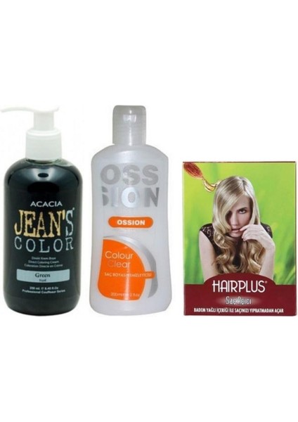 Saç Boyası Yeşil 250 ml ve Ossion Boya Temizleyici ve Hairplus Saç Açıcı