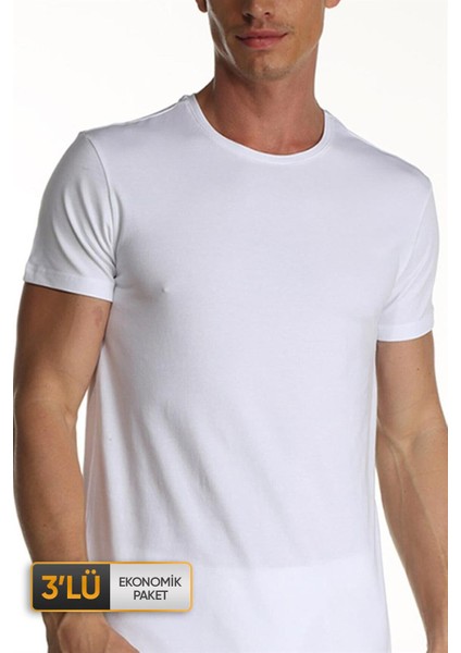 Erkek Elastanlı Beyaz T-Shirt 0954 3'lü Ekonomik Paket