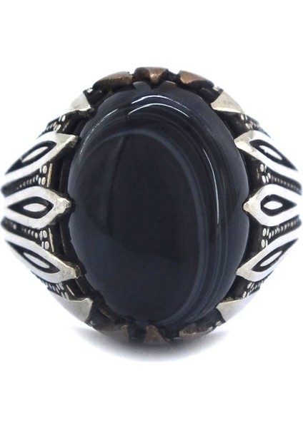 Oniks Taşlı Işlemeli 925 Ayar Gümüş Erkek Yüzük GEY-111