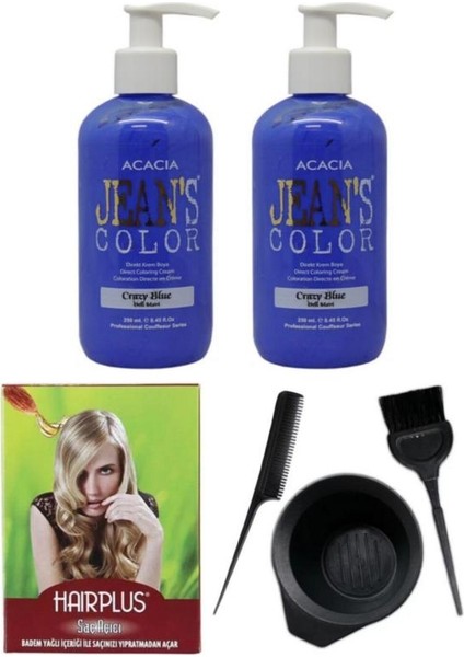 Saç Boyası Deli Mavi 250 ml 2AD, Saç Açıcı ve Fluweel Saç Boya Kabı Seti