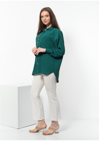 Kadın Aerobin Kumaş Düğmeli Oversize Gömlek Zümrüt modelleri