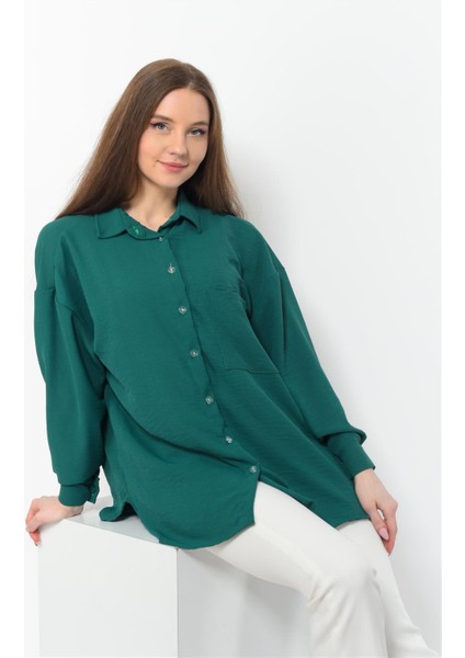 Kadın Aerobin Kumaş Düğmeli Oversize Gömlek Zümrüt indirimleri