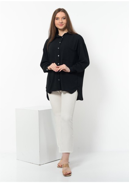 Kadın Aerobin Kumaş Düğmeli Oversize Gömlek Siyah fırsatları