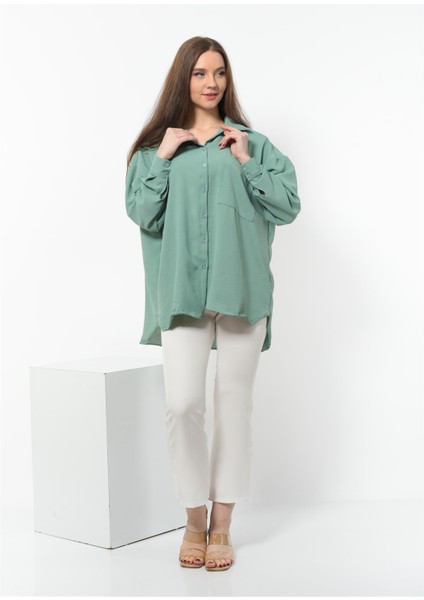 Kadın Aerobin Kumaş Düğmeli Oversize Gömlek Açık Yeşil fiyatları