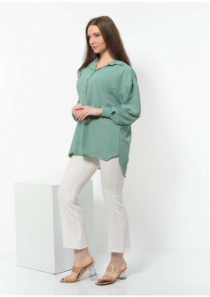Kadın Aerobin Kumaş Düğmeli Oversize Gömlek Açık Yeşil modelleri