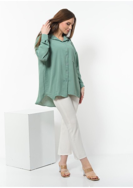 Kadın Aerobin Kumaş Düğmeli Oversize Gömlek Açık Yeşil fırsatları