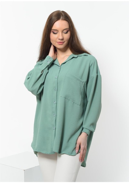 Kadın Aerobin Kumaş Düğmeli Oversize Gömlek Açık Yeşil indirimleri
