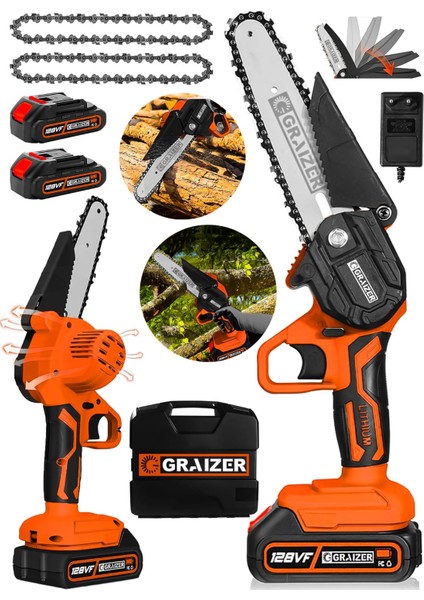 Alman 128 Vf 10 Ah Akülü Dal Kesme Budama Testere Bıçkı Makinesi + 2 Adet Zincir 15 cm