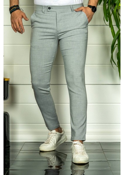 Erkek Gri Slim Fit Çift Düğme Kumaş Pantolon