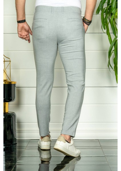 Erkek Gri Slim Fit Çift Düğme Kumaş Pantolon
