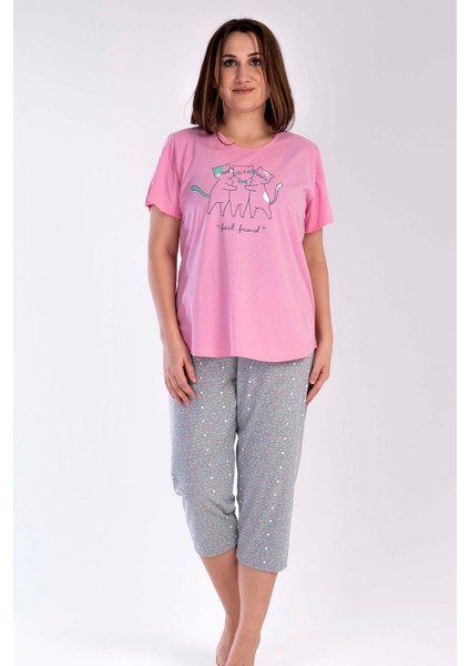 Kadın Büyük Beden Kısa Kol Kaprili Pijama Takım