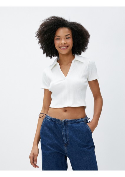 Polo Yaka Tişört Crop Kısa Kollu Dokulu Pamuklu modelleri