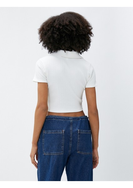 Polo Yaka Tişört Crop Kısa Kollu Dokulu Pamuklu fırsatları