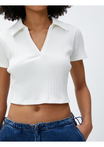 Polo Yaka Tişört Crop Kısa Kollu Dokulu Pamuklu indirimleri