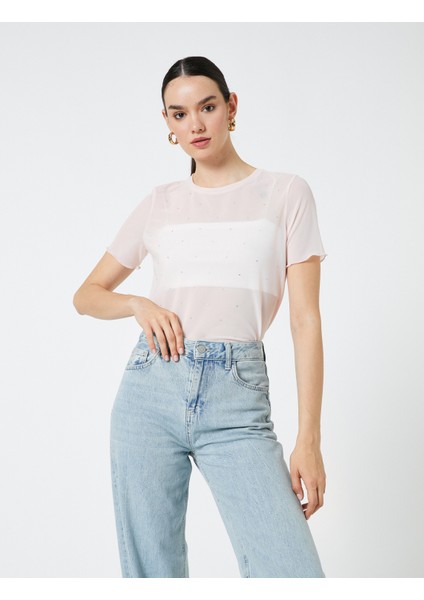 Transparan Tişört Taş Detaylı Kısa Kollu